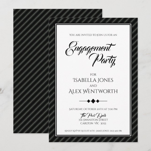 Elegant Modern Black and White Engagement Party Invitation (Front/Back)