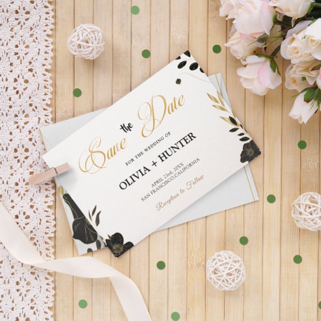 Elegant Modern Black and White, Gold Floral  Save The Date (Elegant Modern Black and White, Gold Floral Save The Date)