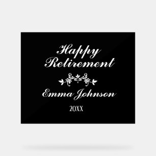 Elegant Modern Black and White Happy Retirement Acrylic Sign
