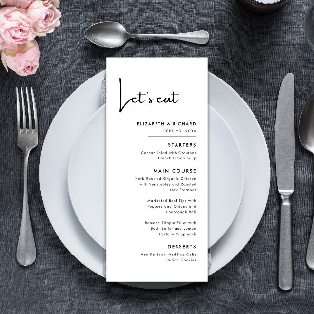 Elegant & Modern Black and White Let's eat Wedding Menu (Creator Uploaded)