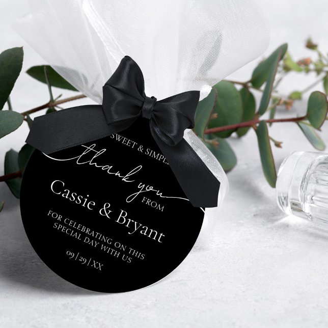 Elegant Modern Black and White Wedding Thank You Classic Round Sticker (Elegant black and white wedding sticker for thank you gifts)