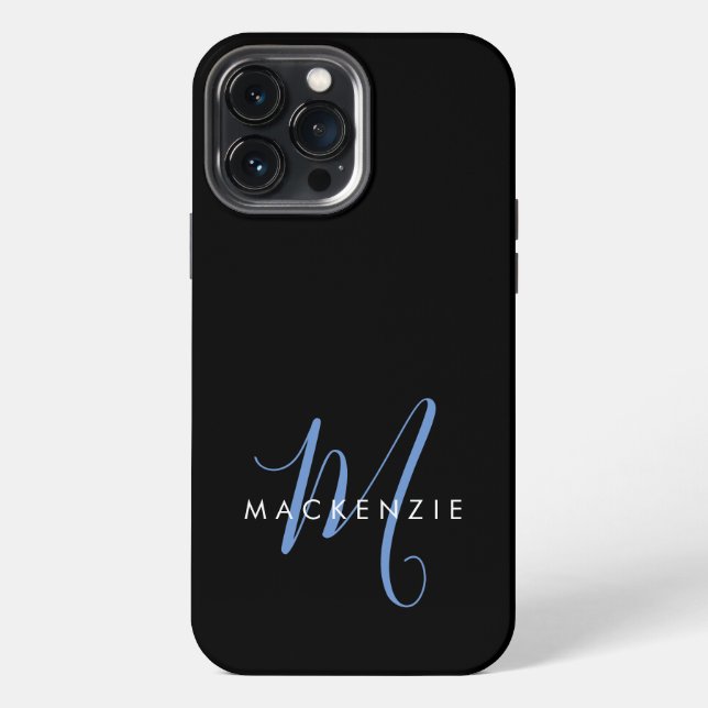 Elegant Modern Black Blue Script Monogram iPhone Case (Back)