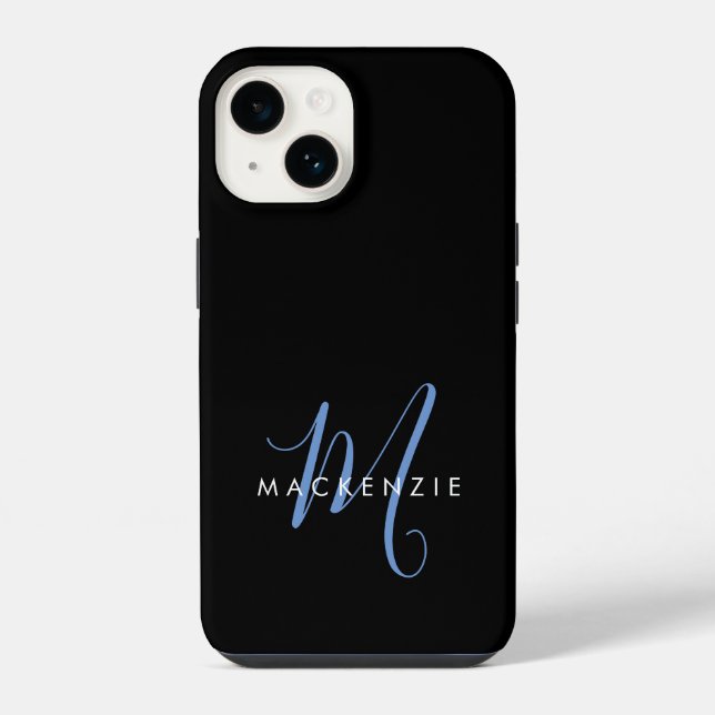 Elegant Modern Black Blue Script Monogram iPhone Case (Back)