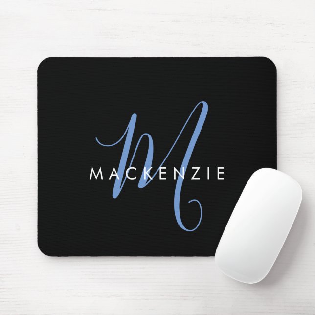 Elegant Modern Black Blue Script Monogram Mouse Pad (With Mouse)