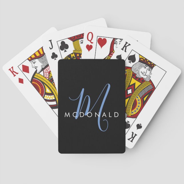 Elegant Modern Black Blue Script Monogram Playing Cards (Back)
