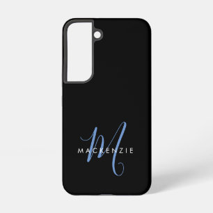 Elegant Modern Black Blue Script Monogram Samsung Galaxy Case