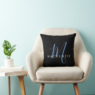 Elegant Modern Black Blue Script Monogram Throw Pillow