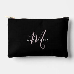 Elegant Modern Black Blush Pink Script Monogram Accessory Pouch