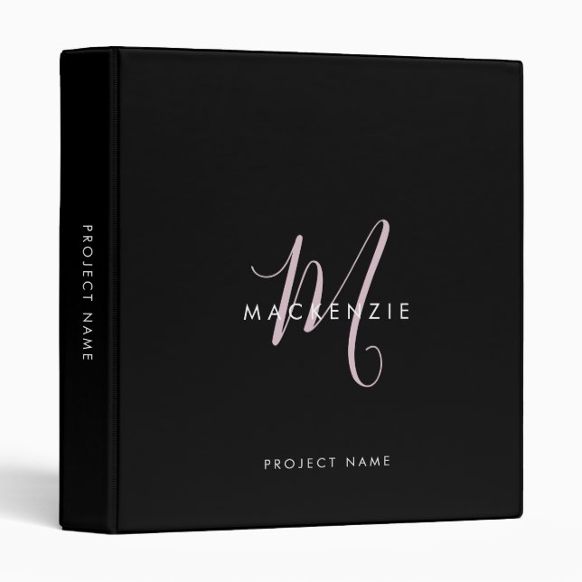 Elegant Modern Black Blush Pink Script Monogram Binder (Front/Spine)