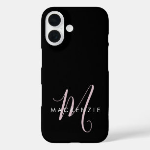 Elegant Modern Black Blush Pink Script Monogram iPhone 16 Case