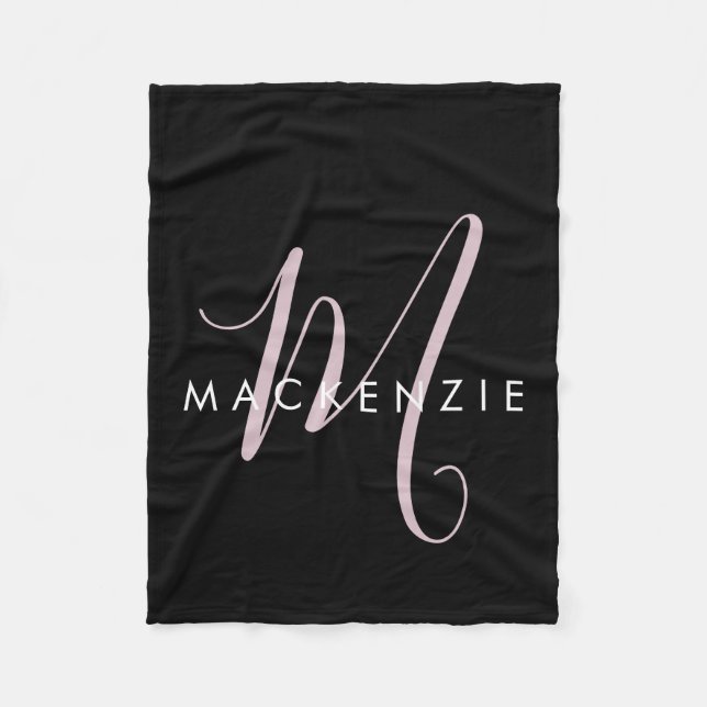 Elegant Modern Black Blush Pink Script Monogram Fleece Blanket (Front)