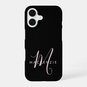 Elegant Modern Black Blush Pink Script Monogram iPhone 16 Case