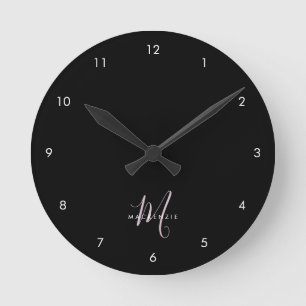 Elegant Modern Black Blush Pink Script Monogram Round Clock