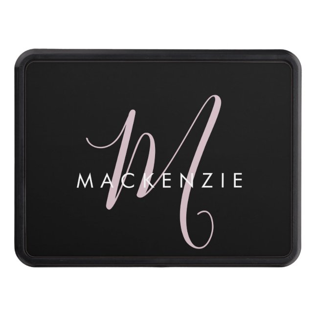Elegant Modern Black Blush Pink Script Monogram Trailer Hitch Cover (Front)