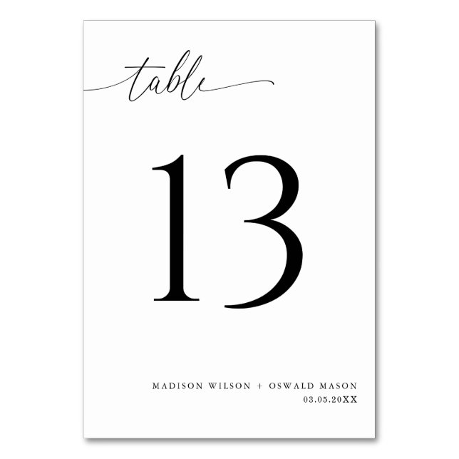 Elegant Modern Black Calligraphy Wedding 13 Table Number (Front)