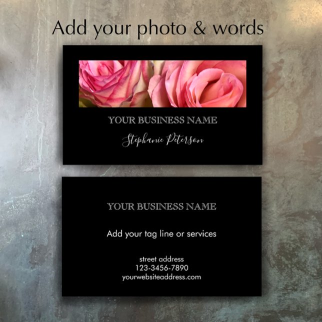Elegant Modern Black Custom Floral Photo Template  Business Card (Personalize this editable modern elegant script photo template business card template.
)