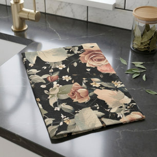 Elegant Modern Black Floral Pattern Kitchen Towel