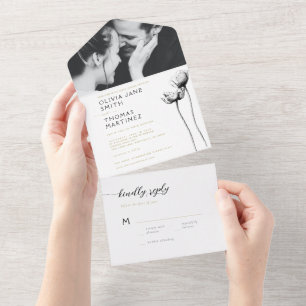 Elegant Modern Black Floral Photo Wedding RSVP All In One Invitation