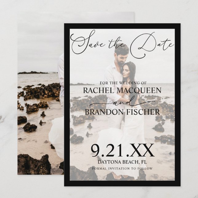 Elegant Modern Black Framed Couple Photo Wedding Save The Date (Front/Back)