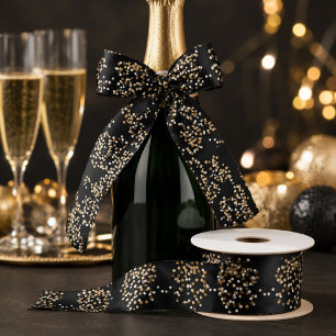 elegant modern Black Gold Confetti Holiday Party Satin Ribbon