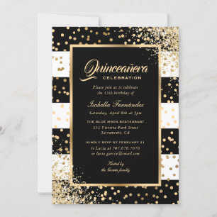 Elegant Modern Black Gold Confetti Quinceañera Invitation