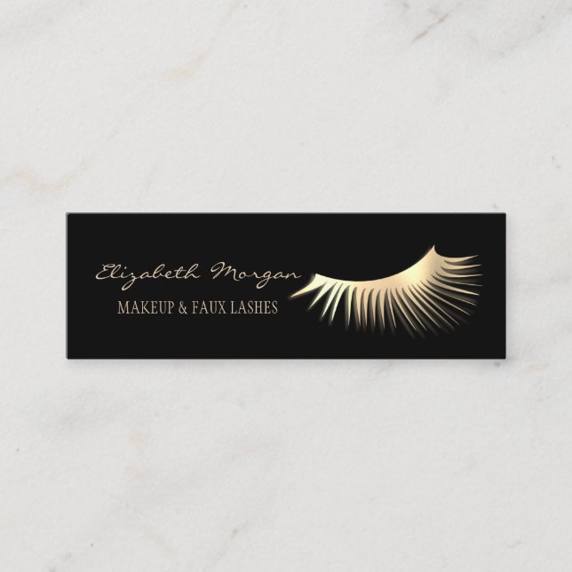 Elegant Modern Black, Gold Faux Lashes Mini Business Card (Front)