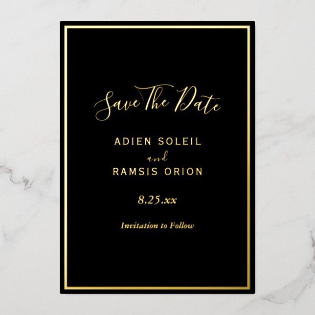 Elegant Modern Black Gold Foil Save The Date Card (Front)