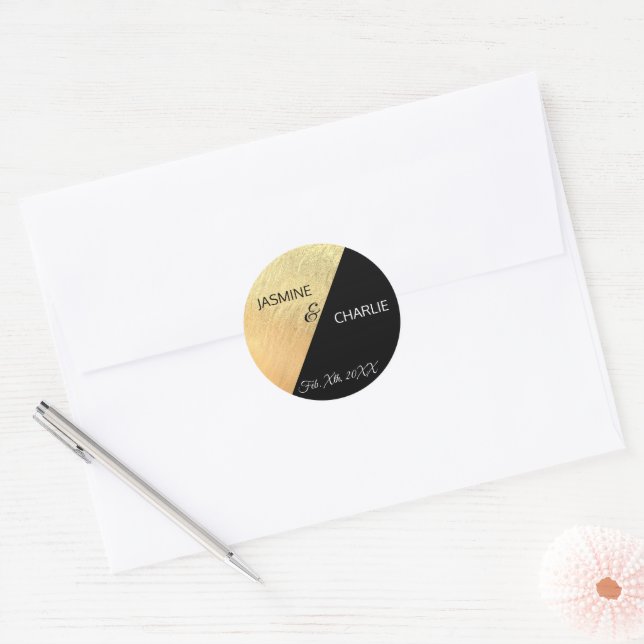 Elegant Modern Black & Gold Foil Wedding Classic Round Sticker (Envelope)