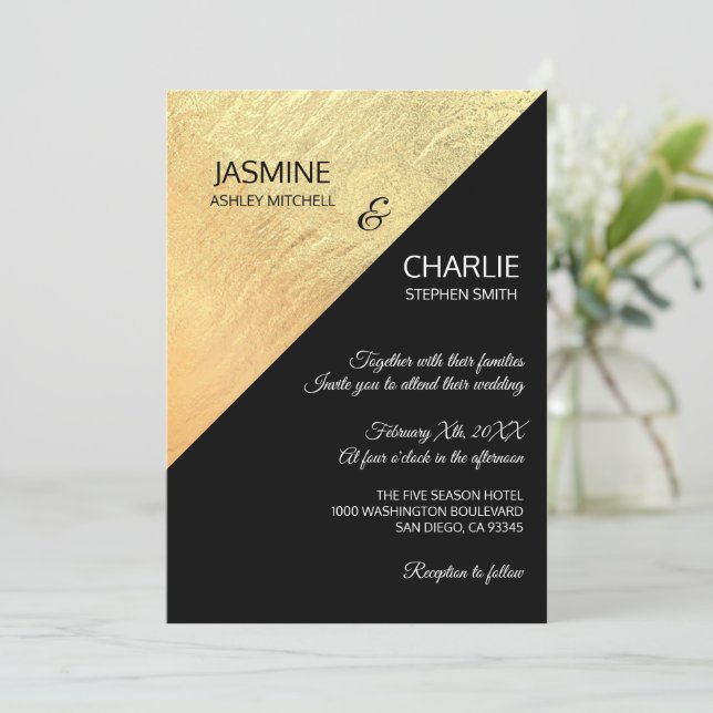 Elegant Modern Black & Gold Foil Wedding Invitation (Standing Front)