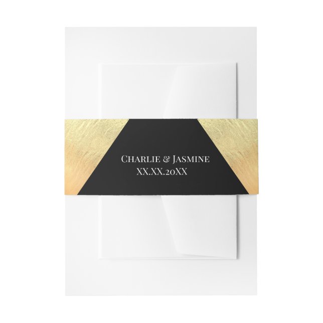 Elegant Modern Black & Gold Foil Wedding Invitation Belly Band (Front Example)