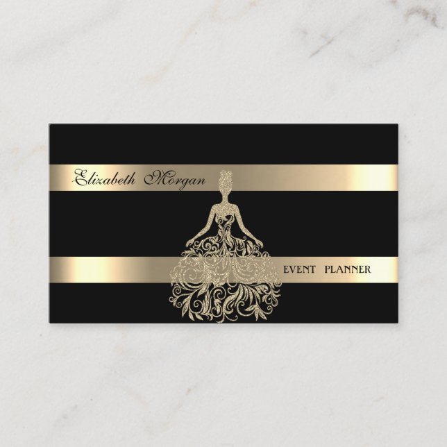 Elegant Modern,Black,Gold Glitter Dress, Striped Business Card (Front)