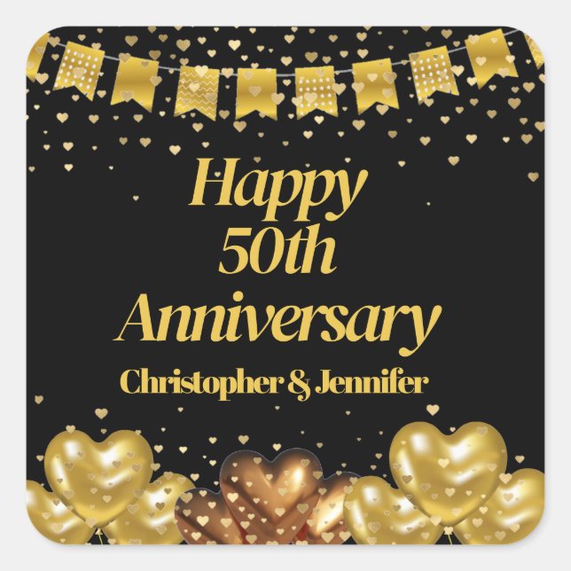 Elegant Modern Black & Gold Happy 50th Anniversary Square Sticker (Front)