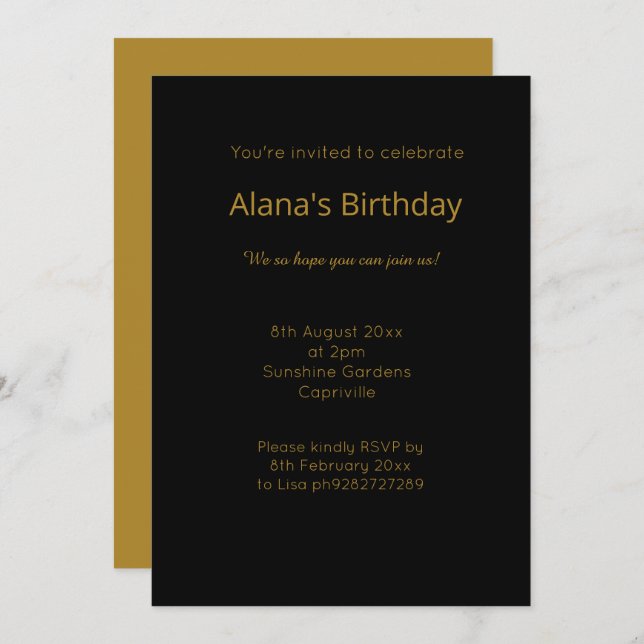 ELEGANT MODERN BLACK GOLD INVITATION (Front/Back)