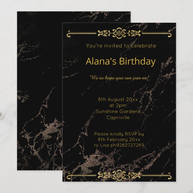 ELEGANT MODERN BLACK GOLD MARBLE BORDER INVITATION (Front/Back)
