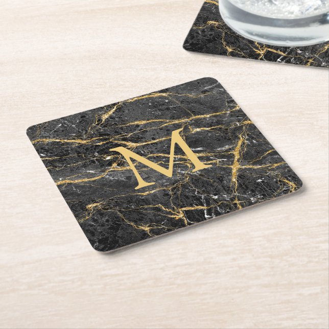 Elegant Modern Black Gold Marble Monogram Square Paper Coaster (Angled)