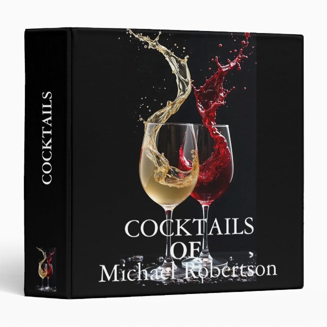 Elegant Modern Black Gold Monogram Cocktail Recipe Binder (Front/Spine)