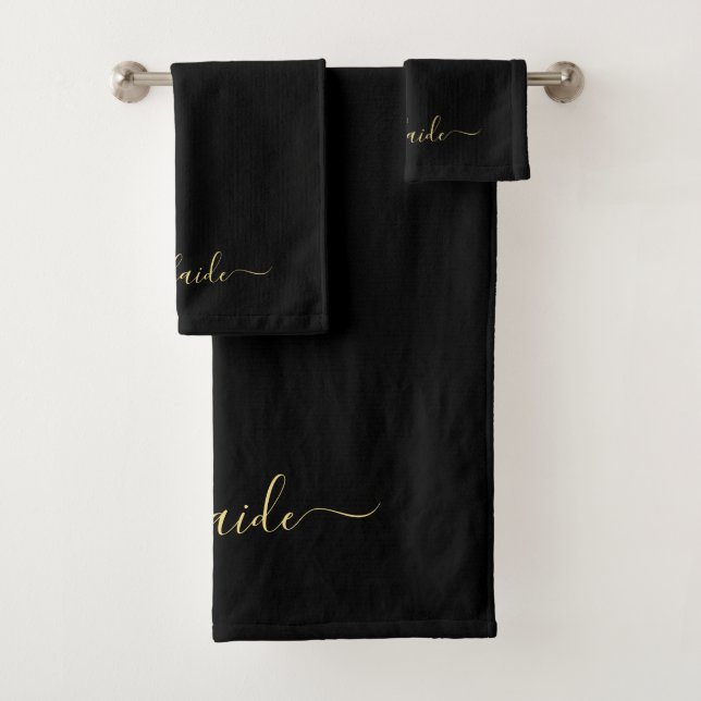 Elegant Modern Black Gold Monogram Name Scrip Bath Towel Set (Insitu)