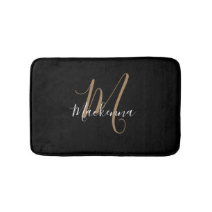 Elegant Modern Black Gold Monogram Script Name Bath Mat