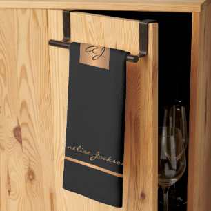 Elegant modern black gold monogrammed kitchen towel