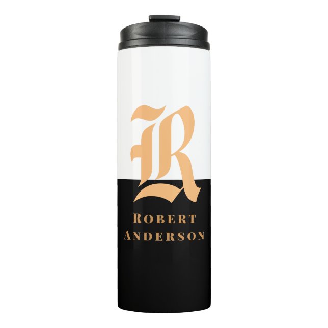 Elegant Modern Black Gold Monogrammed Thermal Tumbler (Front)