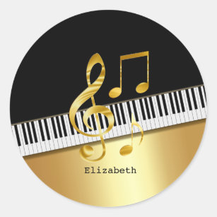 Elegant Modern Black Gold Music Notes,Piano Keys   Classic Round Sticker