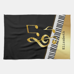 Elegant Modern Black Gold Music Notes,Piano Keys Kitchen Towel