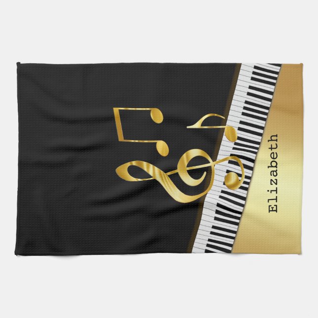 Elegant Modern Black Gold Music Notes,Piano Keys   Kitchen Towel (Horizontal)