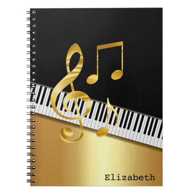 Elegant Modern Black Gold Music Notes,Piano Keys   Notebook (Front)
