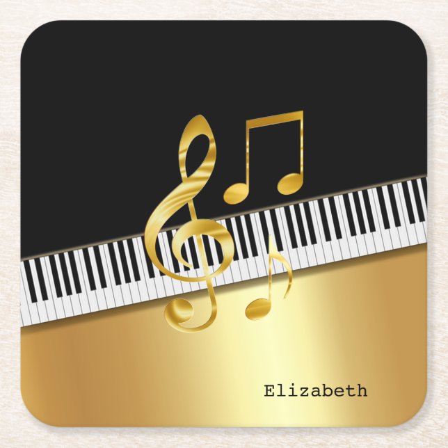 Elegant Modern Black Gold Music Notes,Piano Keys  Square Paper Coaster (Front)