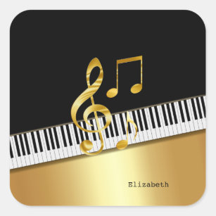 Elegant Modern Black Gold Music Notes,Piano Keys   Square Sticker