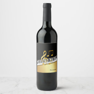 Elegant Modern Black Gold Music Notes,Piano Keys   Wine Label