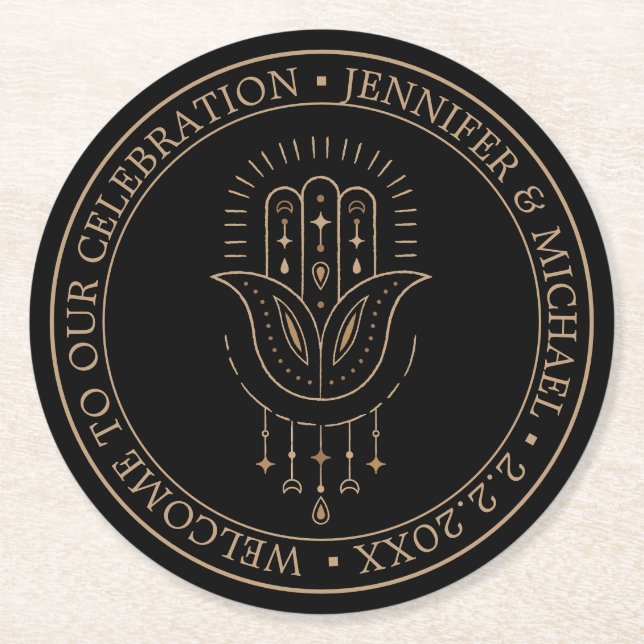 elegant modern black gold mystical wedding  round paper coaster (Front)