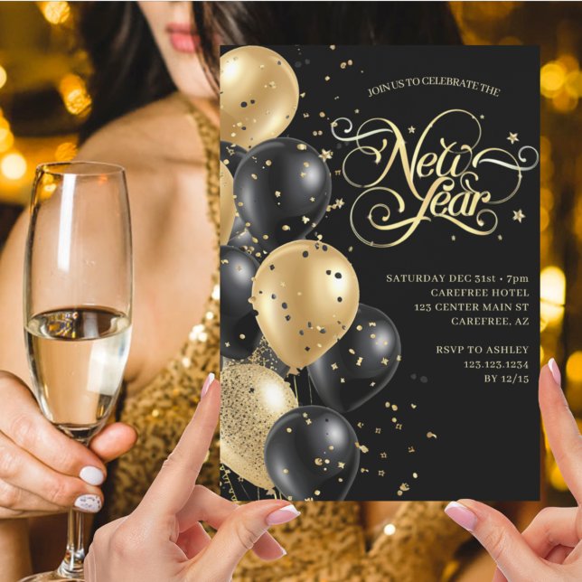 Elegant Modern Black Gold New Years Eve Invitation (Creator Uploaded)
