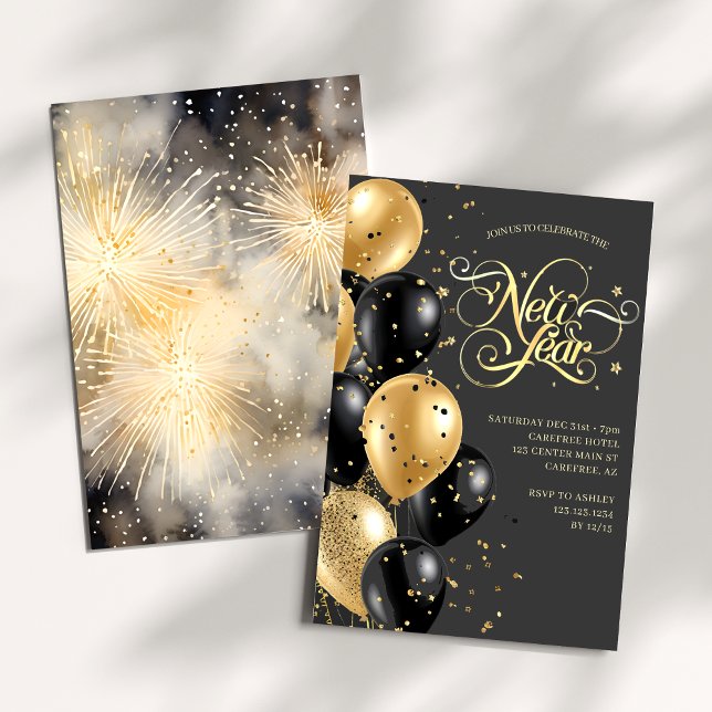 Elegant Modern Black Gold New Years Eve Party Invitation (Creator Uploaded)